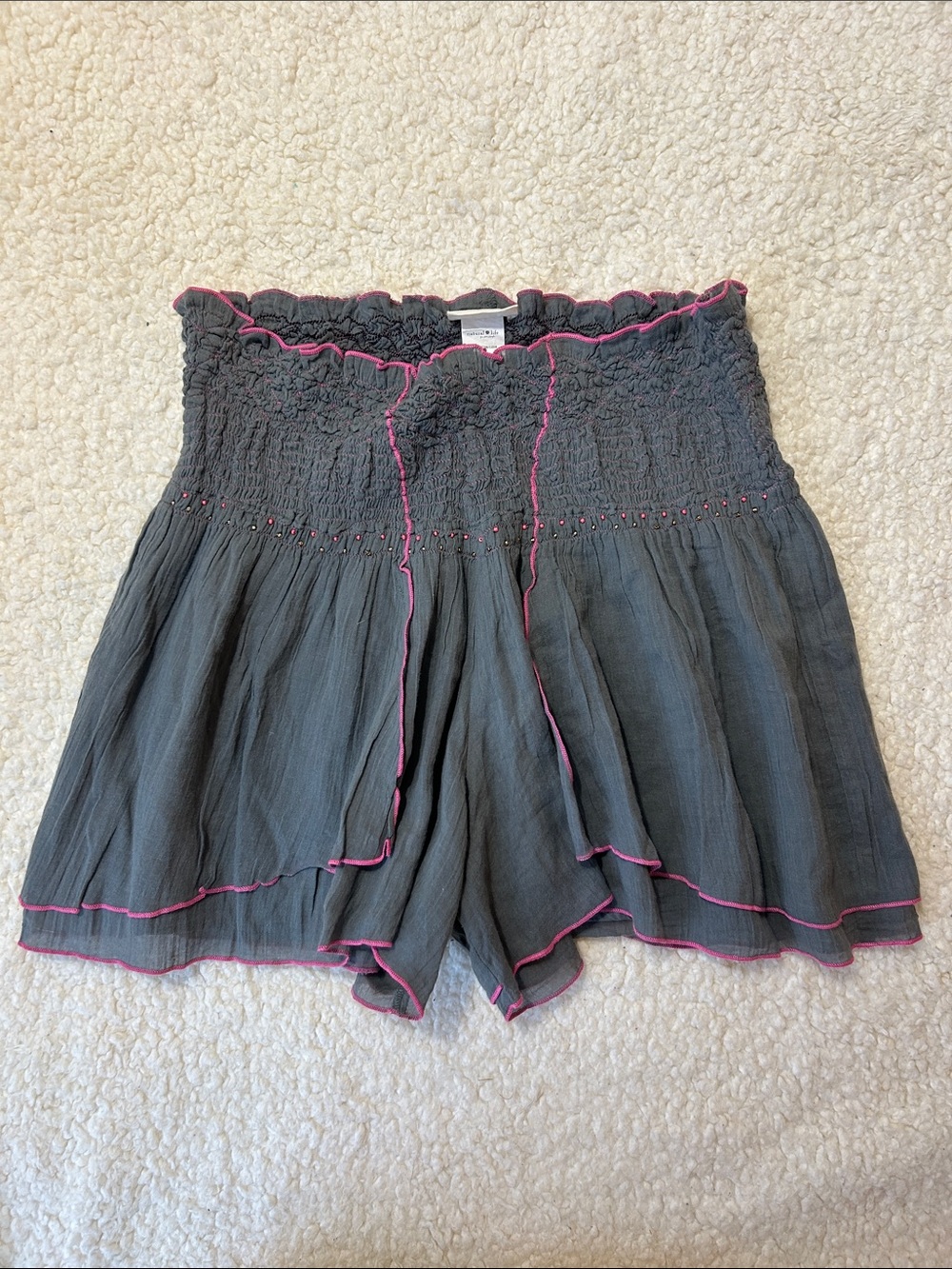 NATURAL LIFE Gray High-Waist Smocked Shorts with Pink Trim